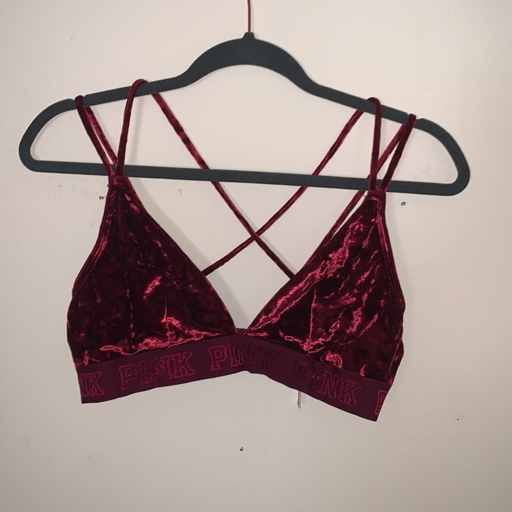 PINK Victoria’s secret dark red velvet crisscross back bralette with mesh lining